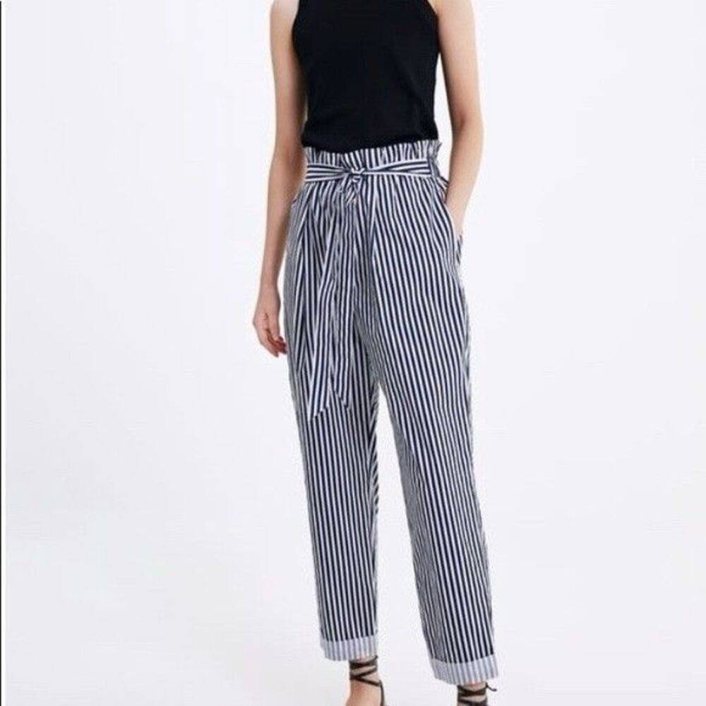 Zara Pants Womens Size Large Blue White Stripe Paperbag Waist Cotton Poplin